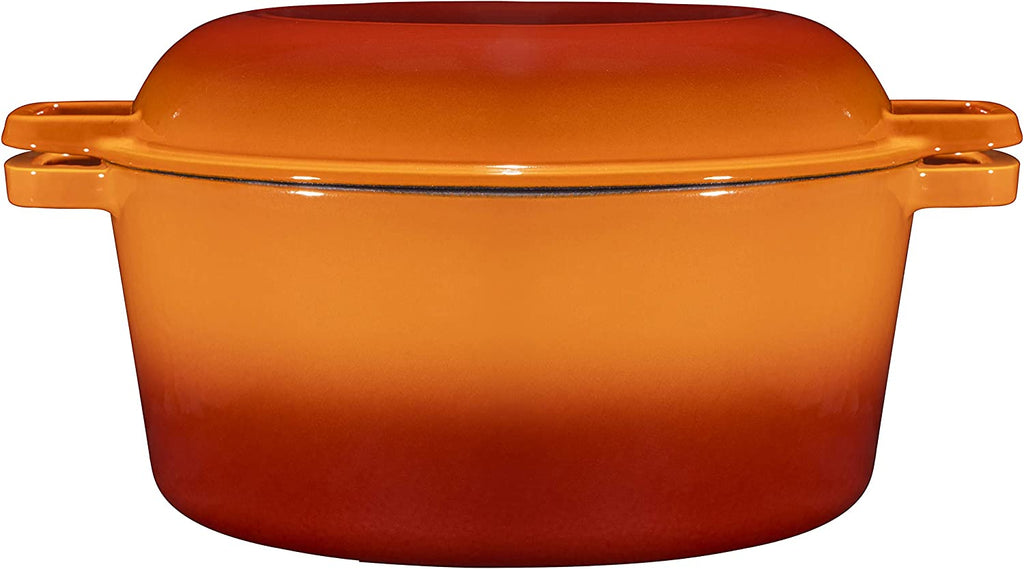 2-In-1 Enamel Cast Iron Dutch Oven with Handles - Crock Pot Pumpkin Spice Orange Cast Iron Pot with Skillet Lid-All-In-1 Cookware Braising Pan for Casserole Dish-5 Quart Pumpkin Spice Orange