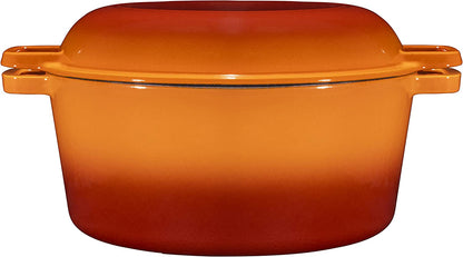 2-In-1 Enamel Cast Iron Dutch Oven with Handles - Crock Pot Pumpkin Spice Orange Cast Iron Pot with Skillet Lid-All-In-1 Cookware Braising Pan for Casserole Dish-5 Quart Pumpkin Spice Orange