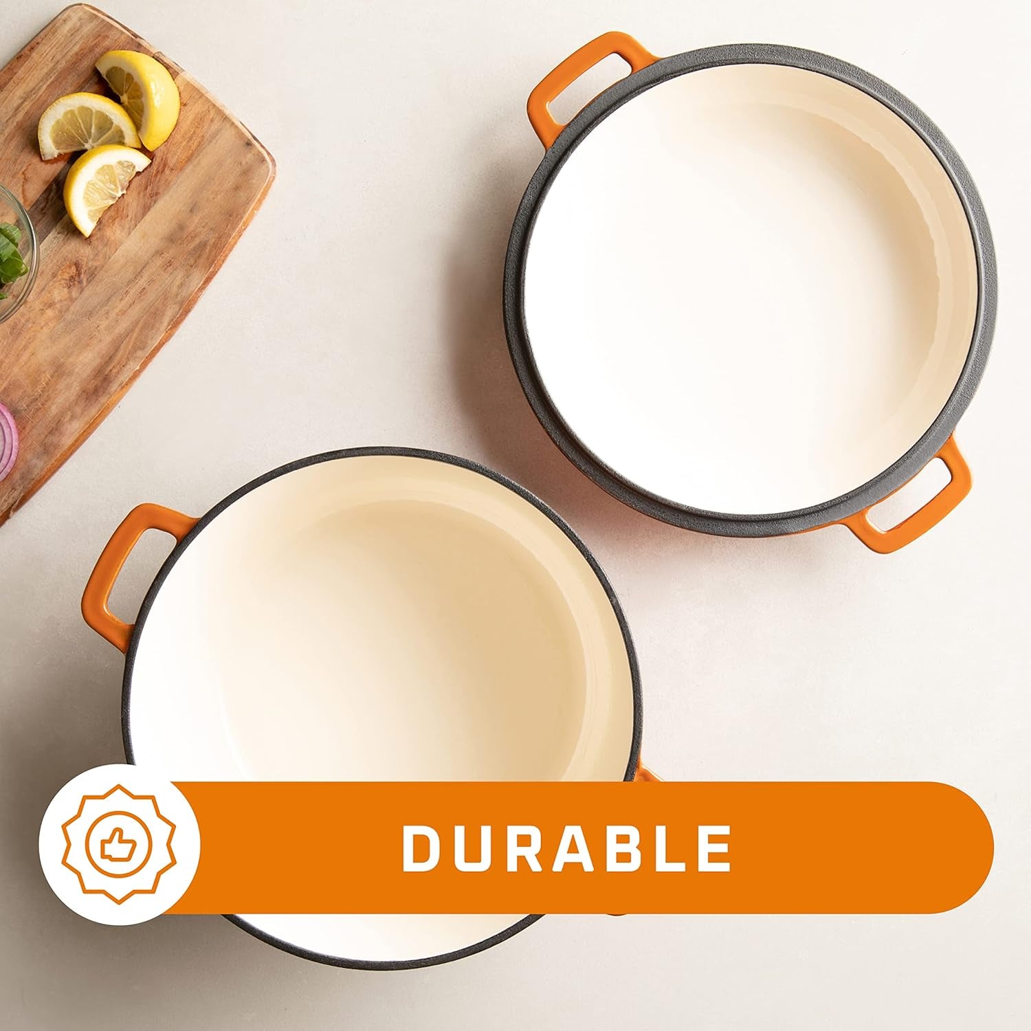 2-In-1 Enamel Cast Iron Dutch Oven with Handles - Crock Pot Pumpkin Spice Orange Cast Iron Pot with Skillet Lid-All-In-1 Cookware Braising Pan for Casserole Dish-5 Quart Pumpkin Spice Orange