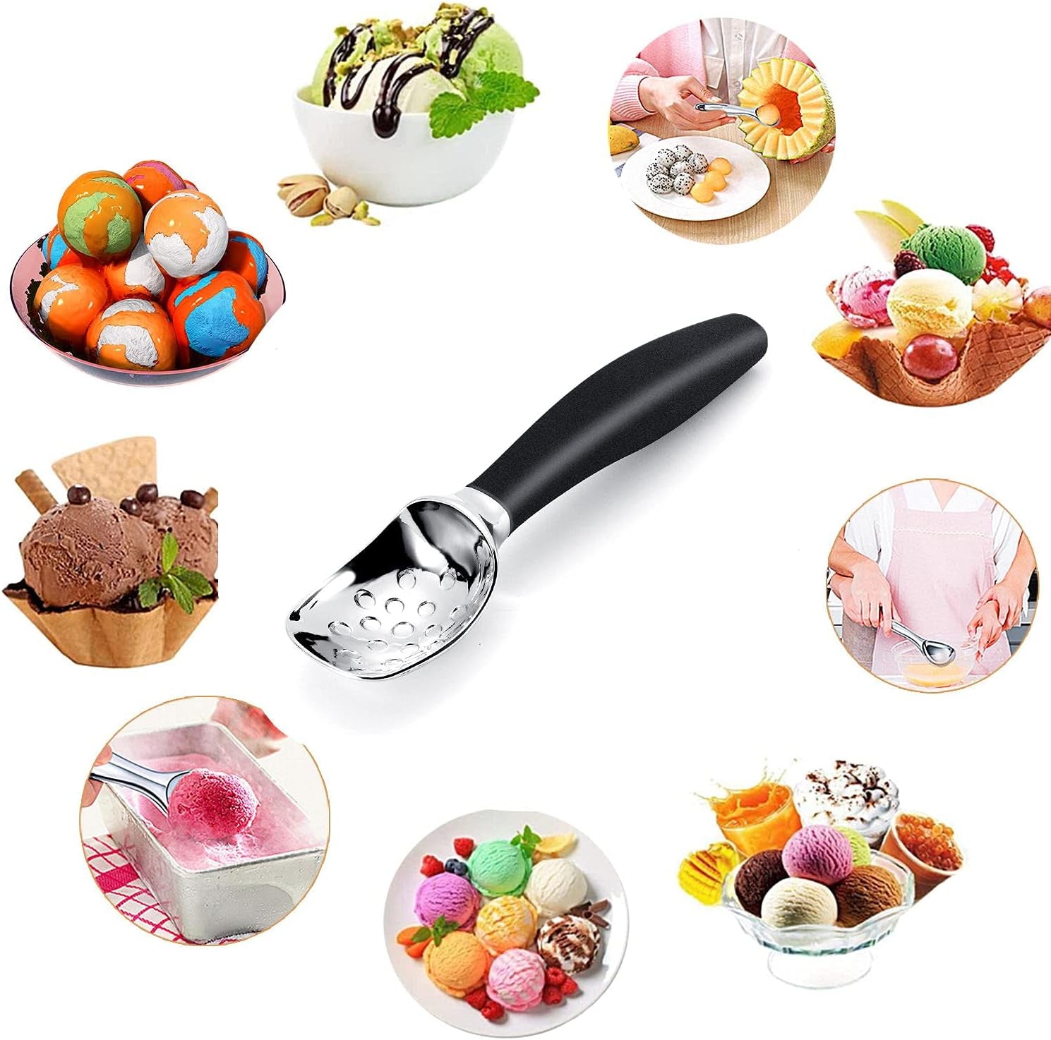 Professional Ice Cream Scoop with Ergonomic Anti-Slip Handle - Rust-Proof Zinc Alloy, Anti-Freeze Design for Home & Commercial Use (Black)