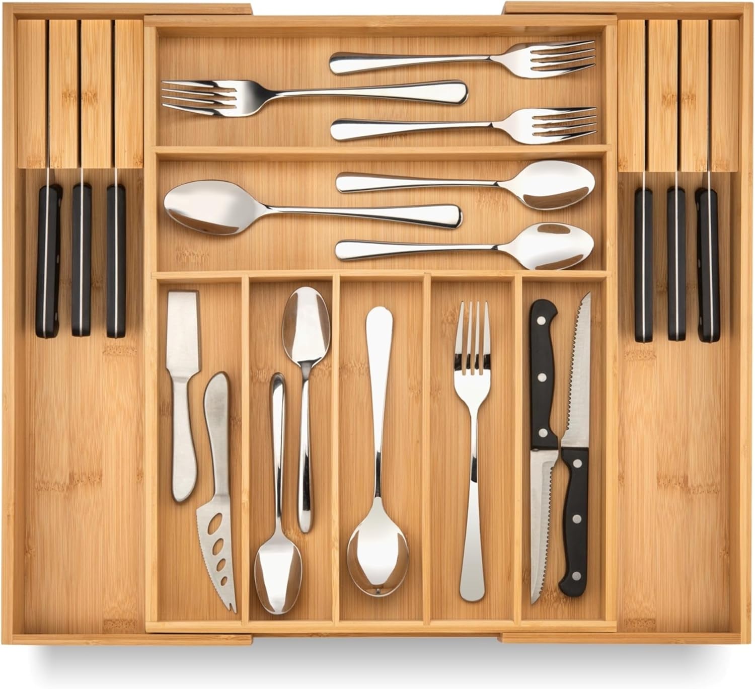 Maximize Your Space with the Purawood Expandable Bamboo Drawer Organizer - Elegant Natural Finish with Adjustable 7-9 Slots for Utensils and More