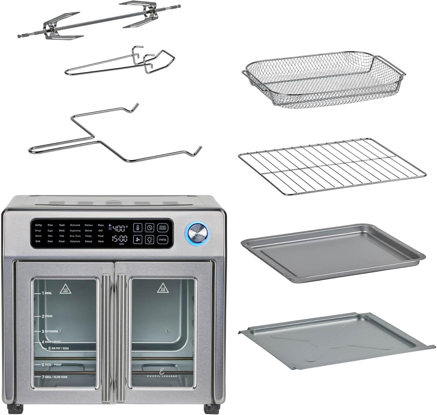 Extra Large French Door Air Fryer Toaster Oven Combo, 24 Cooking Functions and Digital Controls, 7 Accessories Included, Stainless Steel Finish, 26QT Capacity
