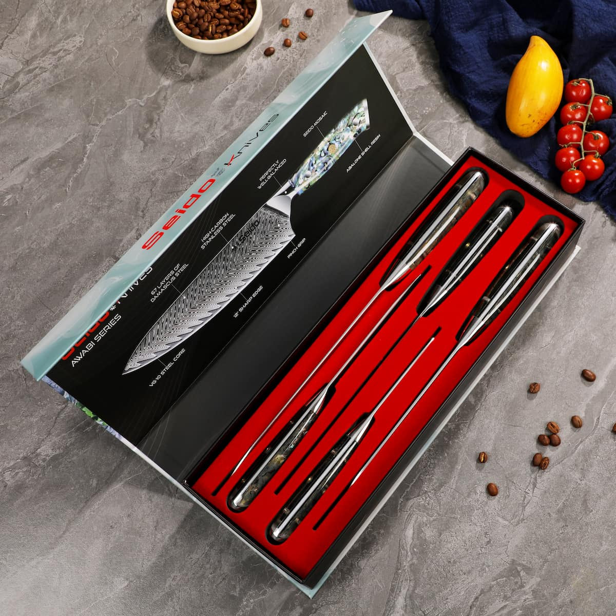 Awabi Damascus Chef Knife Set