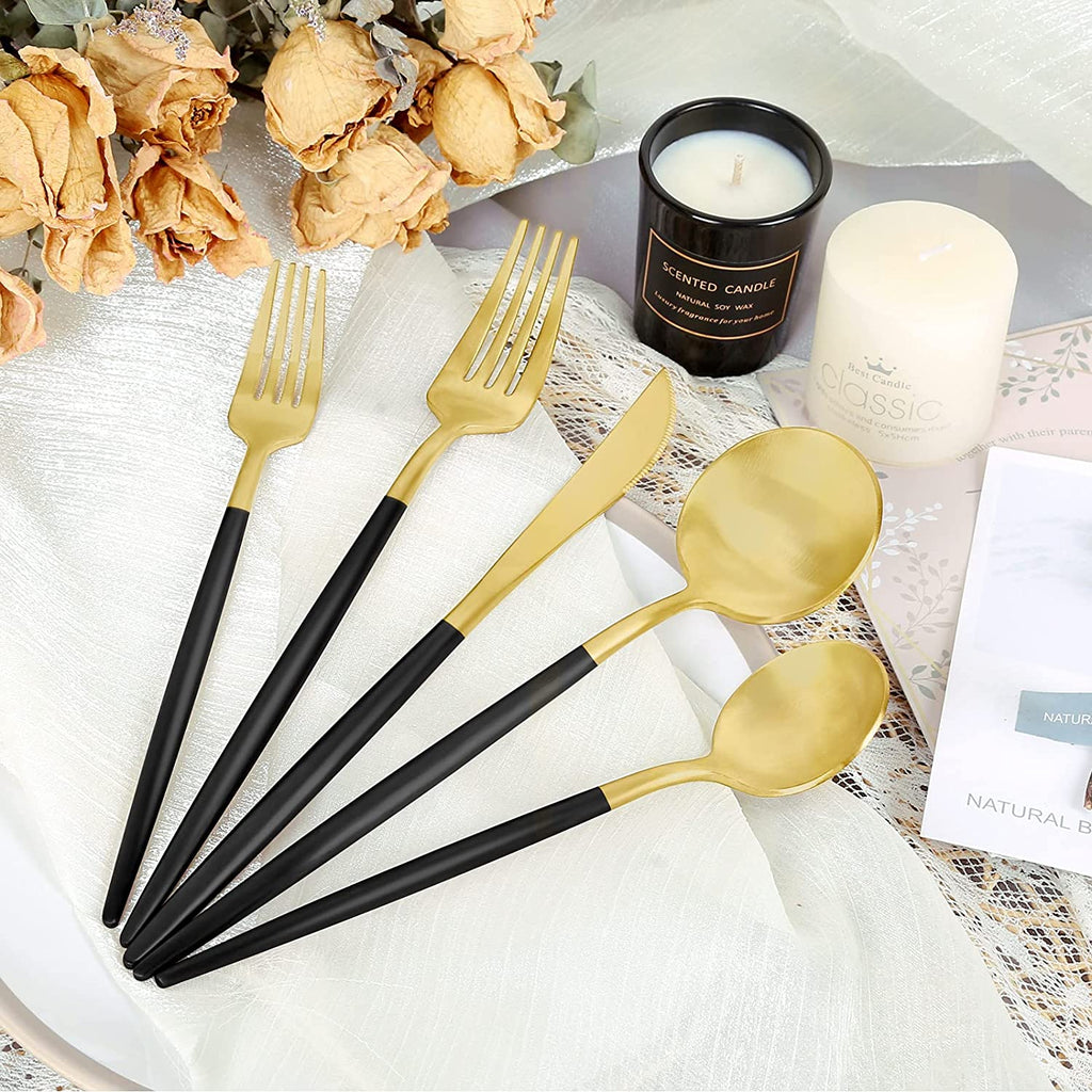 Elegant Matte Black & Gold Stainless Steel Silverware Set - 30 Pieces, Service for 6, Dishwasher Safe Cutlery for Stylish Dining