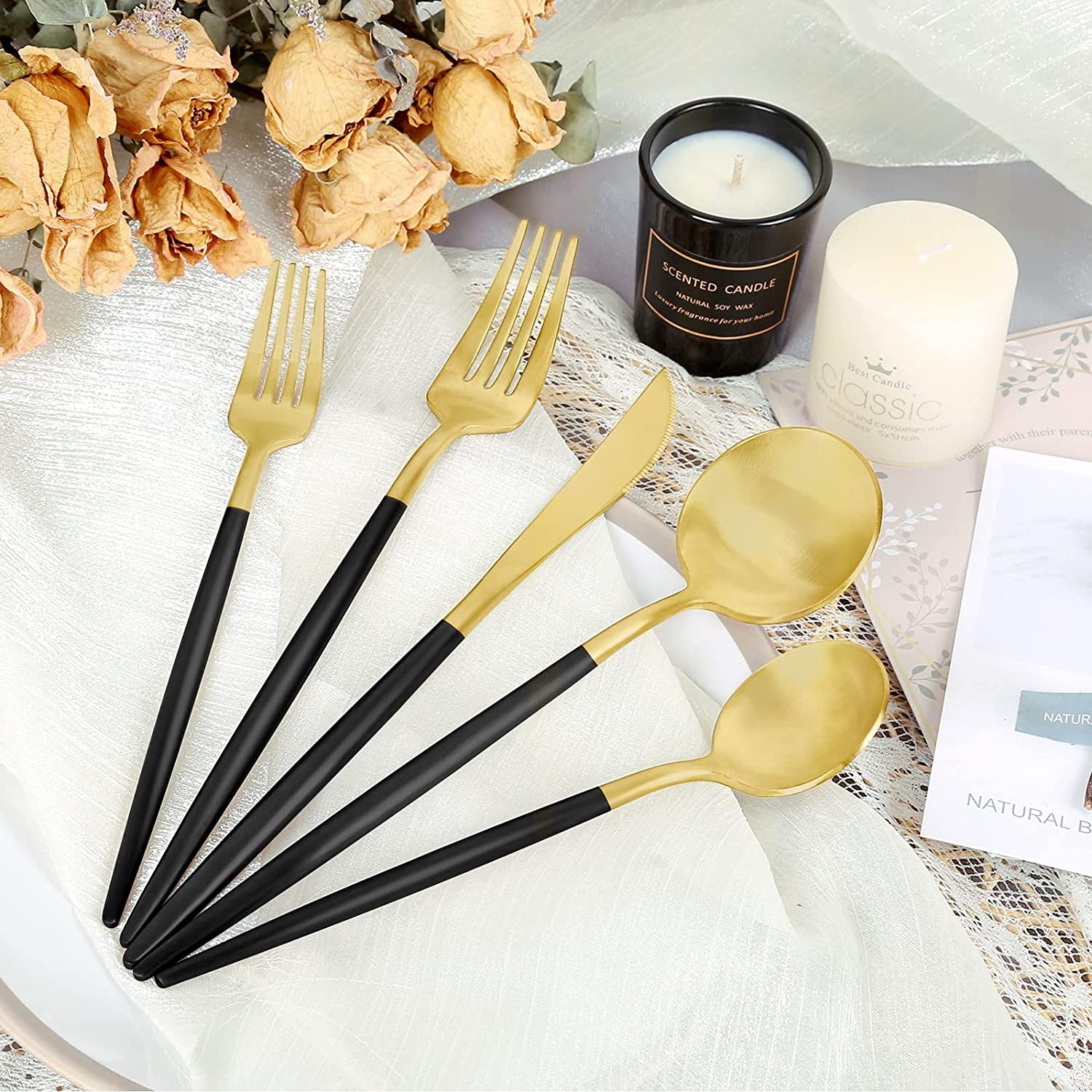 Elegant Matte Black & Gold Stainless Steel Silverware Set - 30 Pieces, Service for 6, Dishwasher Safe Cutlery for Stylish Dining