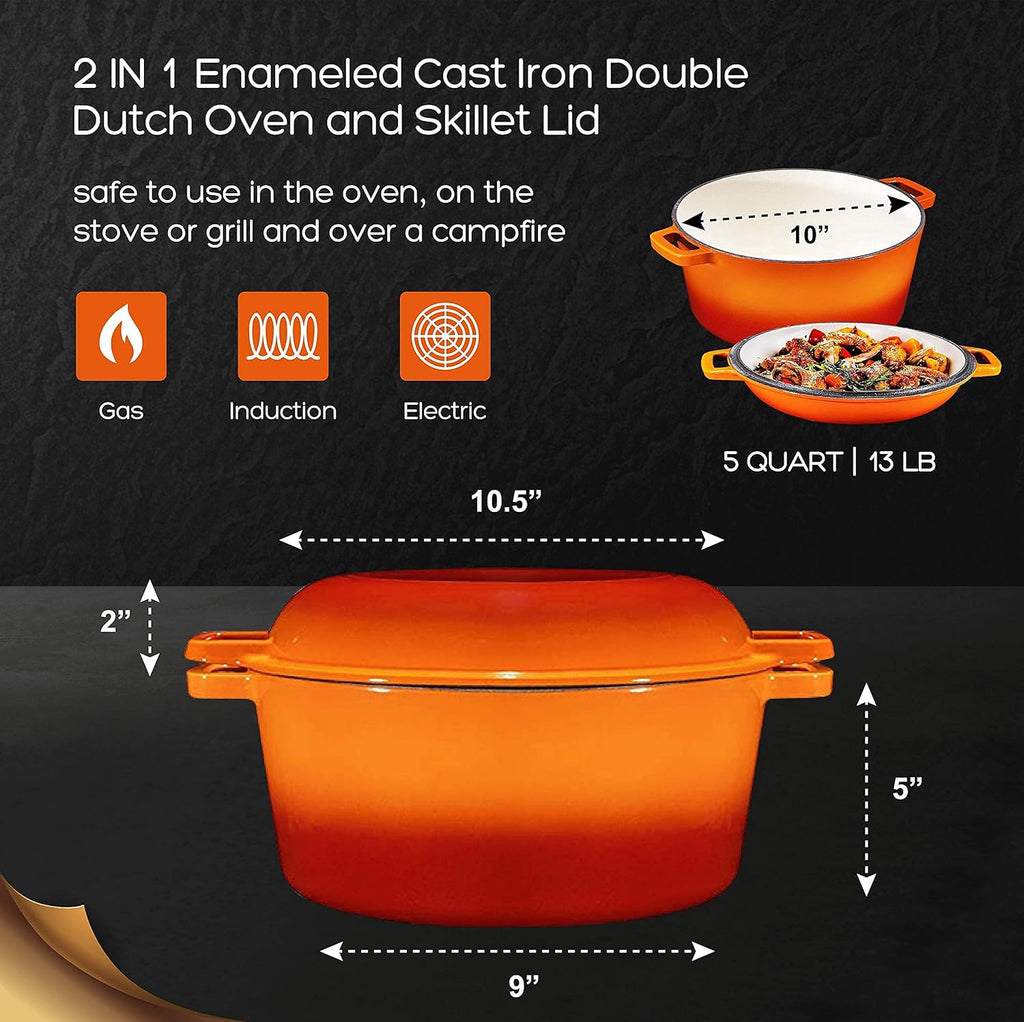 2-In-1 Enamel Cast Iron Dutch Oven with Handles - Crock Pot Pumpkin Spice Orange Cast Iron Pot with Skillet Lid-All-In-1 Cookware Braising Pan for Casserole Dish-5 Quart Pumpkin Spice Orange