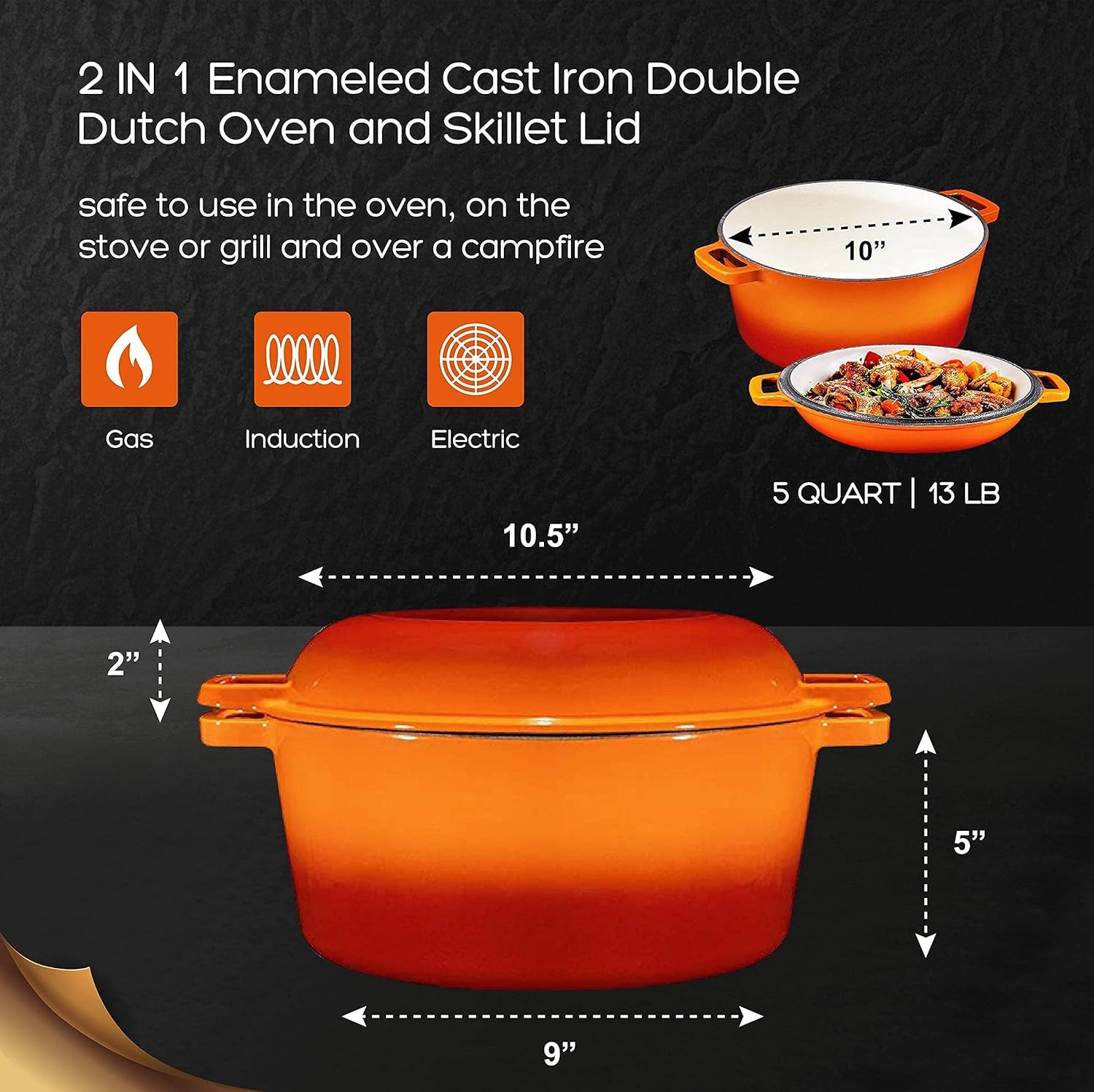 2-In-1 Enamel Cast Iron Dutch Oven with Handles - Crock Pot Pumpkin Spice Orange Cast Iron Pot with Skillet Lid-All-In-1 Cookware Braising Pan for Casserole Dish-5 Quart Pumpkin Spice Orange