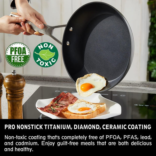 10 Inch Frying Pan Nonstick with Lid, Induction Fry Pan with Lid, Titanium and Diamond Non Stick Coating from USA, for Induction, Ceramic and Gas Cooktops, Oven Safe 10 Inch Skillet Nonstick