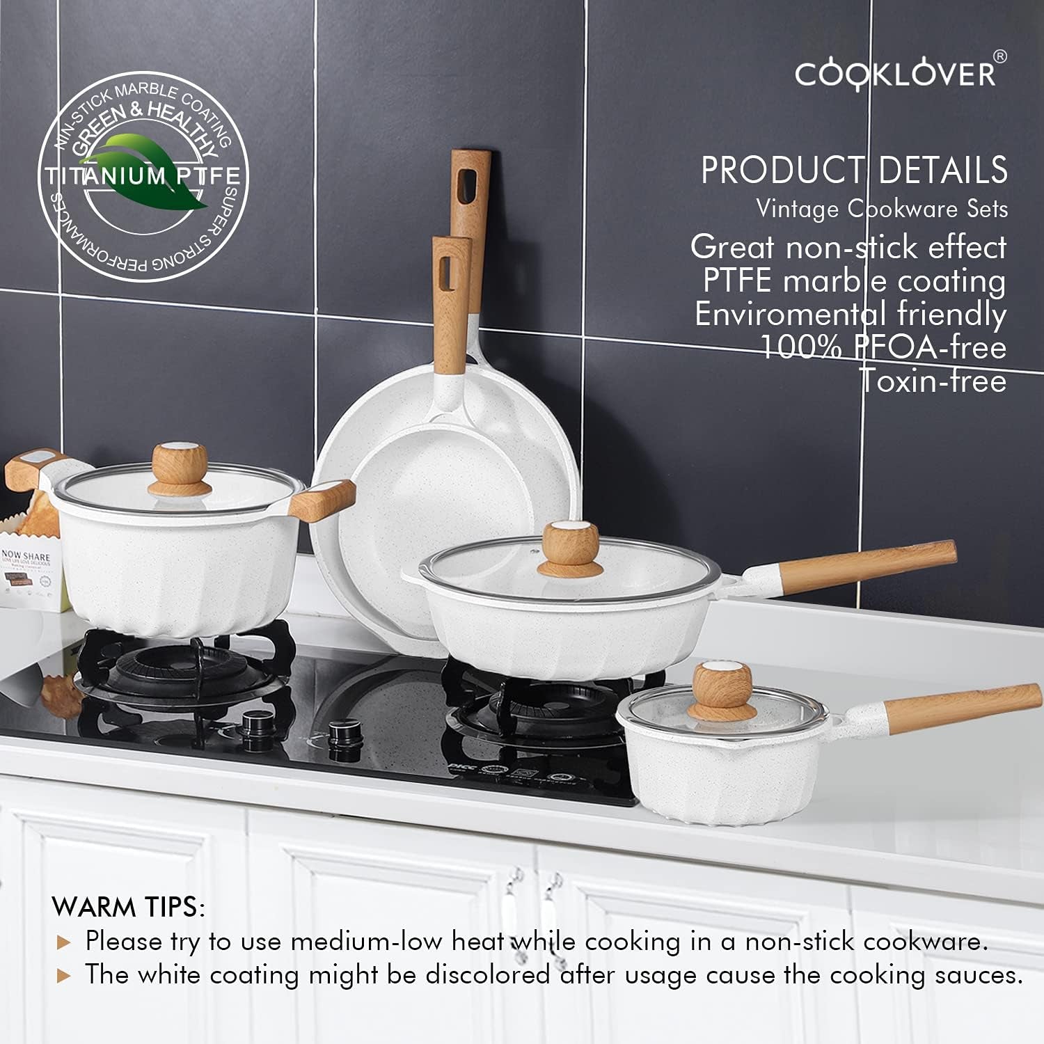Nonstick Induction Cookware Set - 100% PFOA Free Pots and Pans with Cooking Utensil Pack, 13 Pieces - White