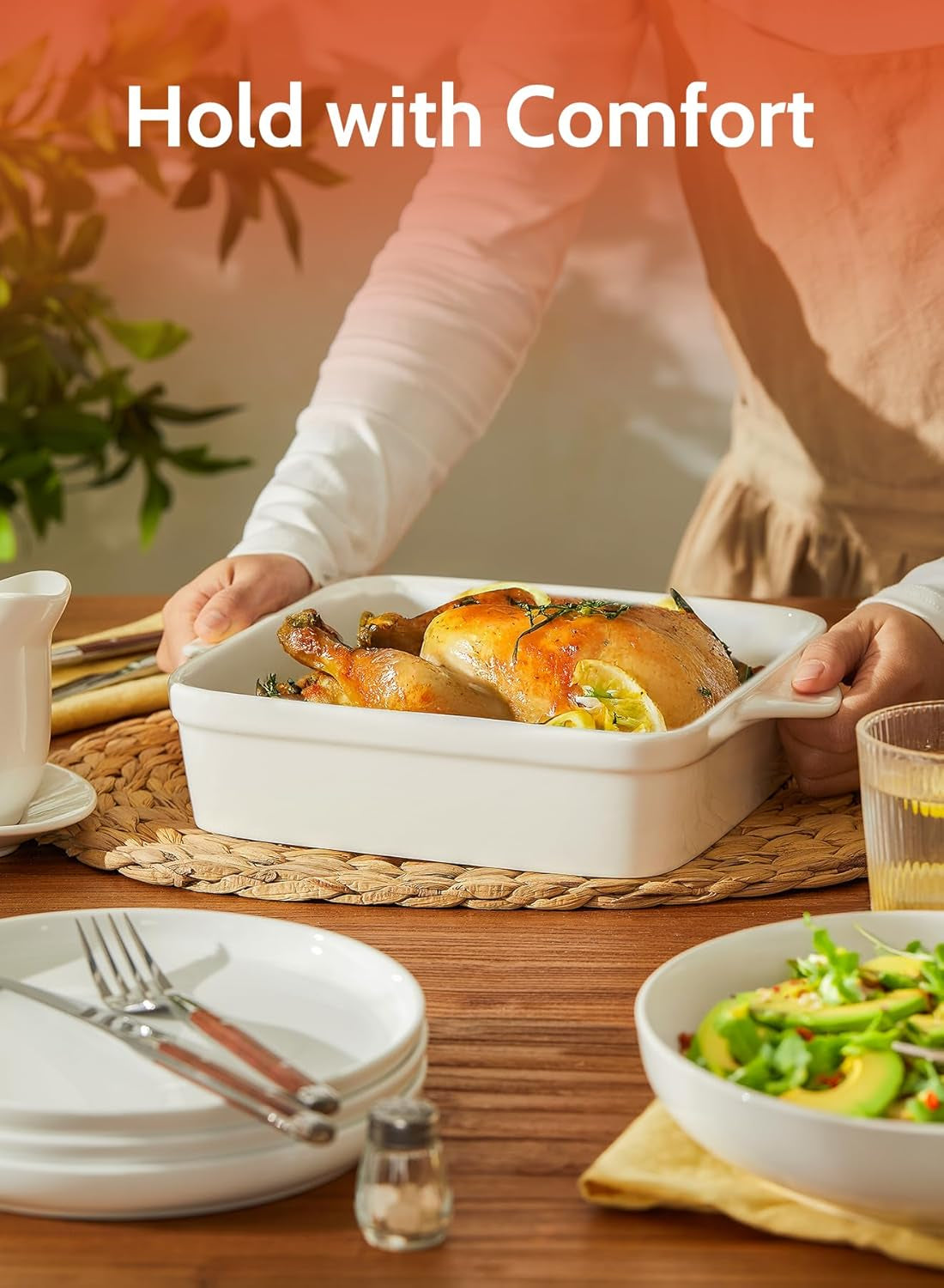 8X8 Inch Square Porcelain Baking Dish with Double Handles - Non-Stick Oven Casserole Pan for Brownie, Lasagna, Roasting - Great for Serving or Cooking