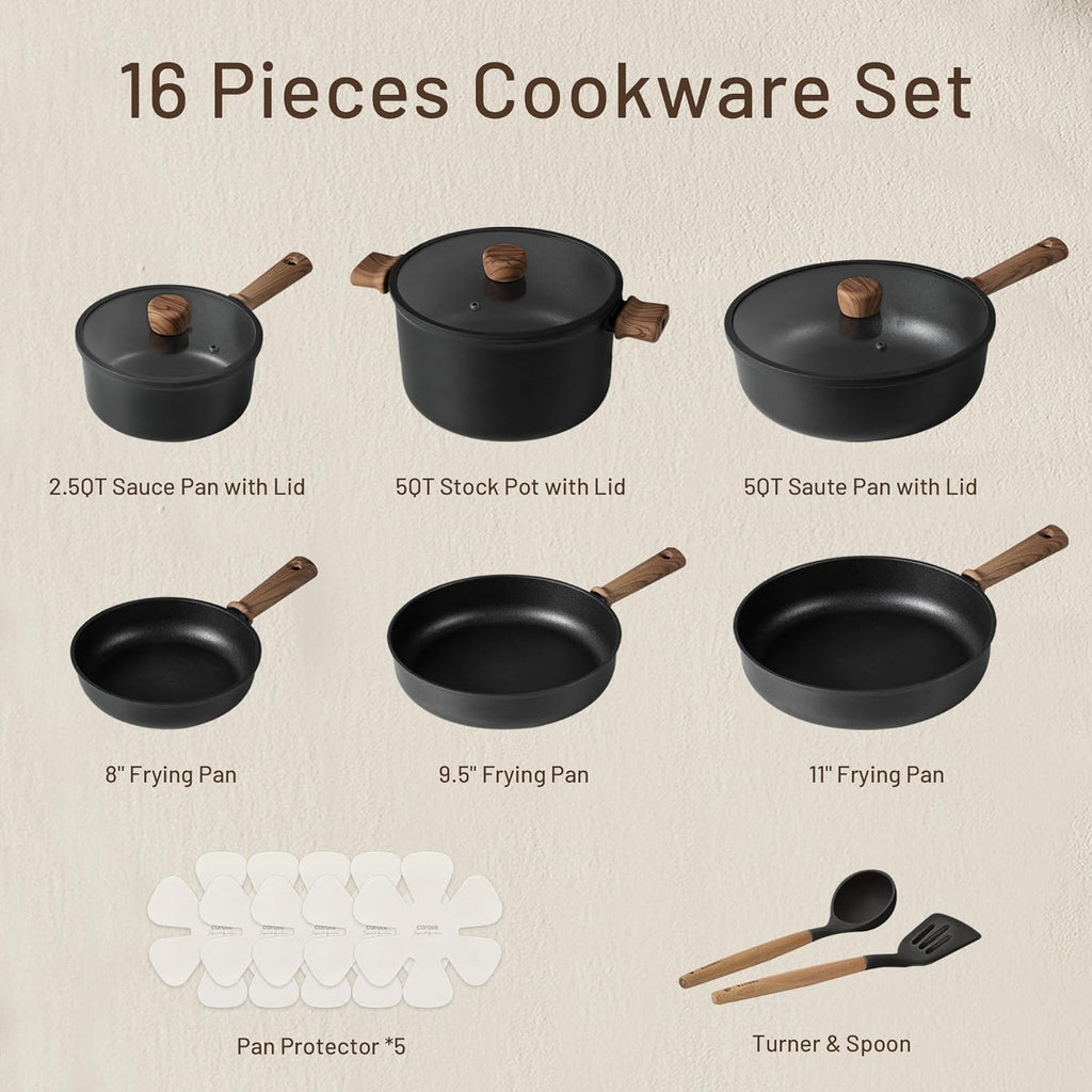 Nonstick Pots and Pans, Induction Cookware Set 16Pcs Kitchen Cooking Sets, Pot and Pan Non Stick W/Frying Pan (PFOS, PFOA Free)
