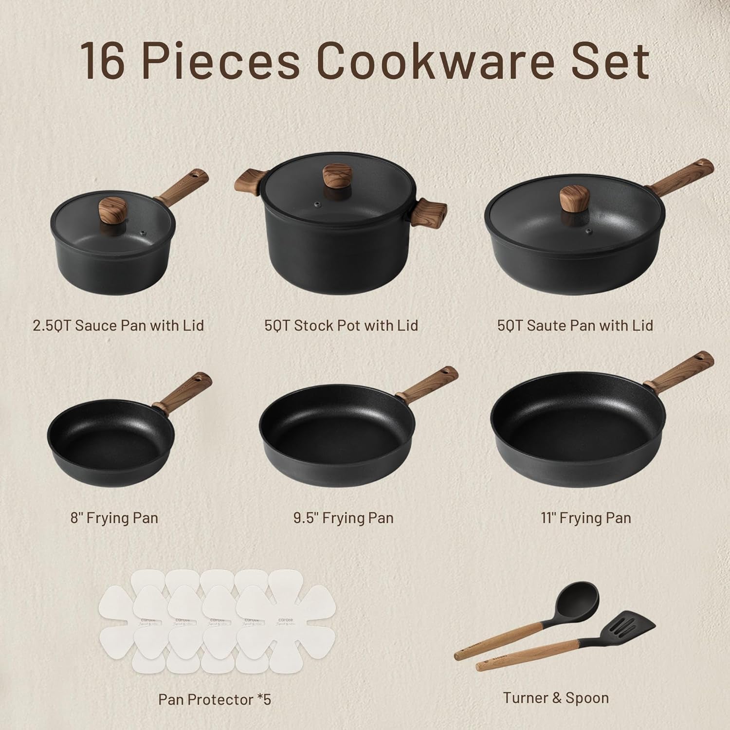 Nonstick Pots and Pans, Induction Cookware Set 16Pcs Kitchen Cooking Sets, Pot and Pan Non Stick W/Frying Pan (PFOS, PFOA Free)