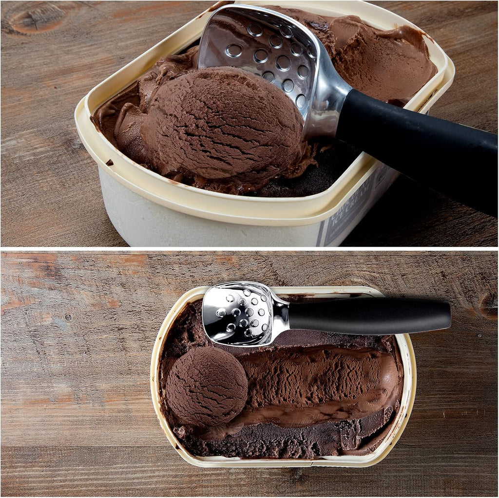 Professional Ice Cream Scoop with Ergonomic Anti-Slip Handle - Rust-Proof Zinc Alloy, Anti-Freeze Design for Home & Commercial Use (Black)