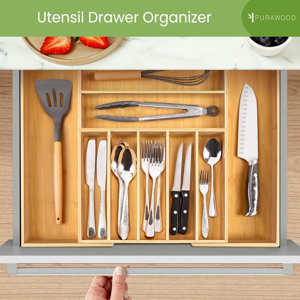 Maximize Your Space with the Purawood Expandable Bamboo Drawer Organizer - Elegant Natural Finish with Adjustable 7-9 Slots for Utensils and More