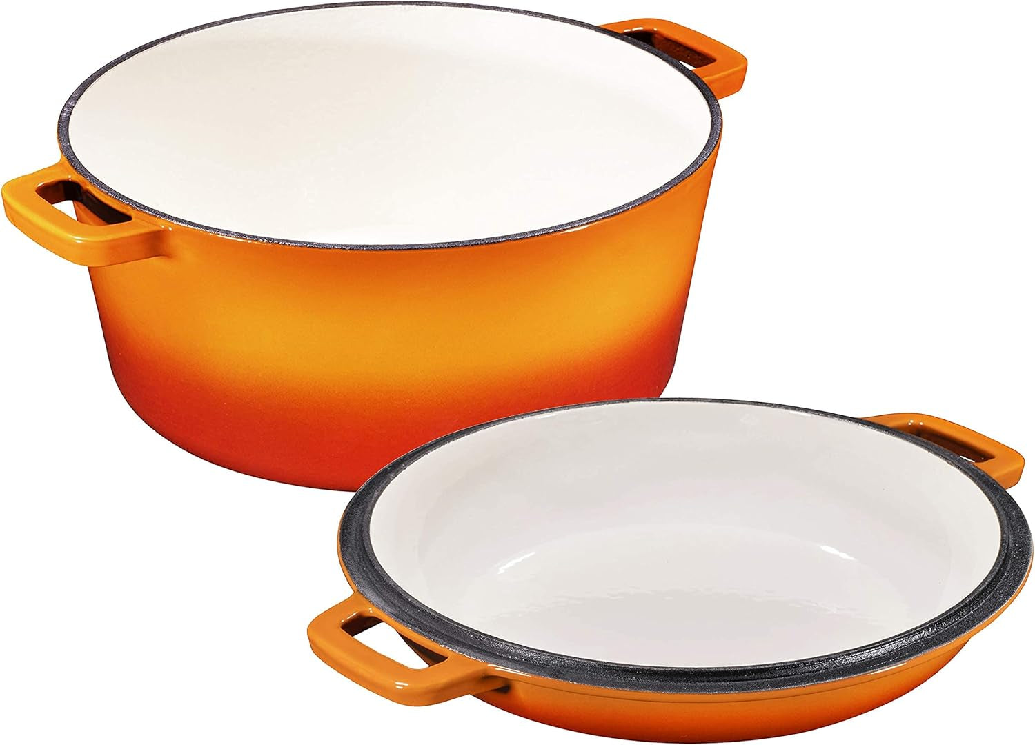 2-In-1 Enamel Cast Iron Dutch Oven with Handles - Crock Pot Pumpkin Spice Orange Cast Iron Pot with Skillet Lid-All-In-1 Cookware Braising Pan for Casserole Dish-5 Quart Pumpkin Spice Orange
