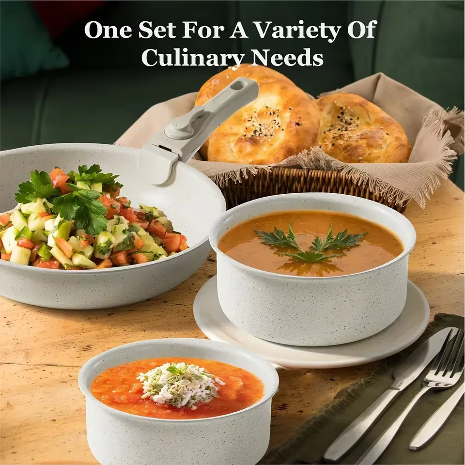 12Pcs White Granite Ceramic Nonstick Cookware Set Induction Pots Pans with Spoons Frying Pans & Saucepans