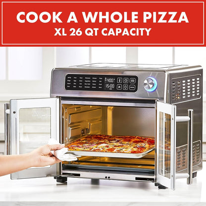 Extra Large French Door Air Fryer Toaster Oven Combo, 24 Cooking Functions and Digital Controls, 7 Accessories Included, Stainless Steel Finish, 26QT Capacity