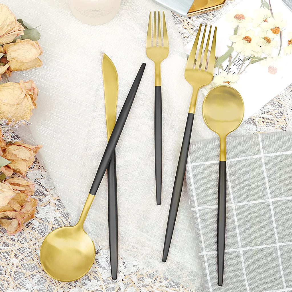 Elegant Matte Black & Gold Stainless Steel Silverware Set - 30 Pieces, Service for 6, Dishwasher Safe Cutlery for Stylish Dining