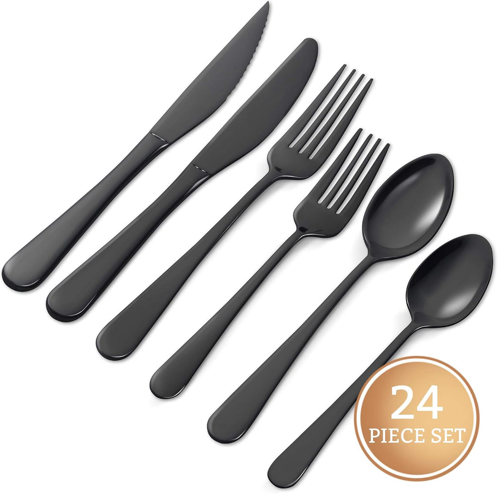 Elegant 24-Piece 18/8 Stainless Steel Silverware Set for 4 - Ergonomic, Dishwasher Safe, Mirror Finish Flatware in Black - Rust-Proof & Stylish Utensils