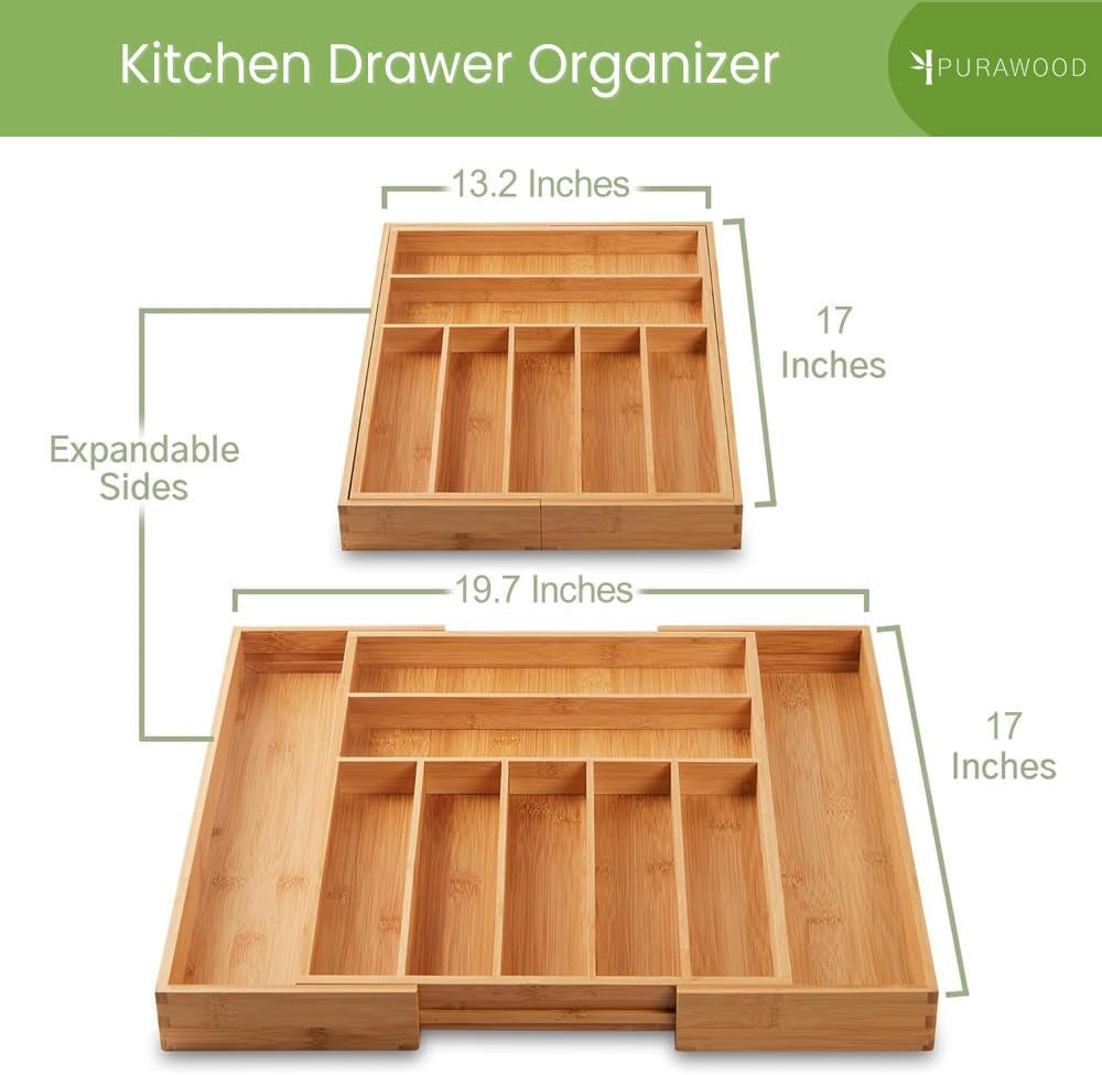 Maximize Your Space with the Purawood Expandable Bamboo Drawer Organizer - Elegant Natural Finish with Adjustable 7-9 Slots for Utensils and More