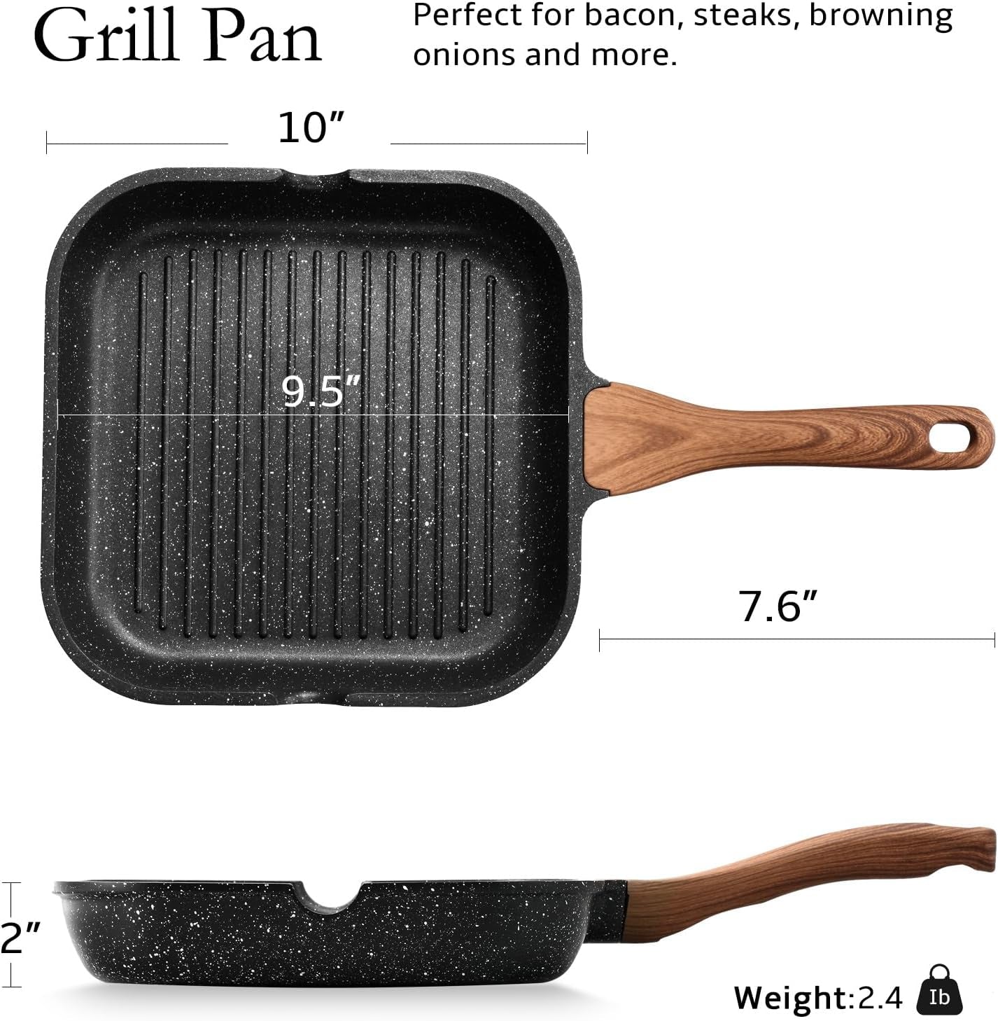 9.5 Inch Nonstick Grill Pan for Indoor Cooking, Versatile Induction Square Large Grilling Skillet Steak Pan for Stove Tops, PTFE & PFOA Free, Black