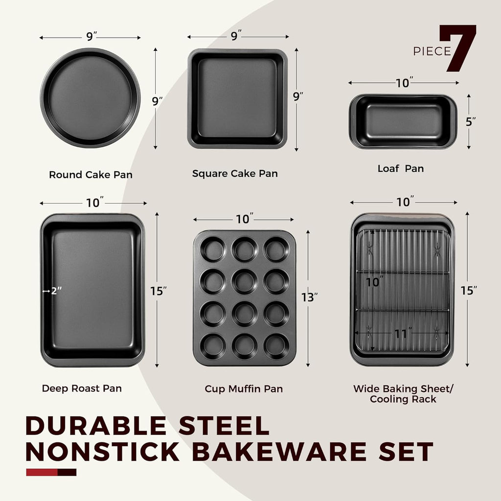 Baking Pans Sets, Nonstick Bakeware Sets 7-Piece with Round/Square Cake Pan, Loaf Pan, Muffin Pan, Cookie Sheet, Roast Pan, Cooling Rack, Carbon Steel Bake Set